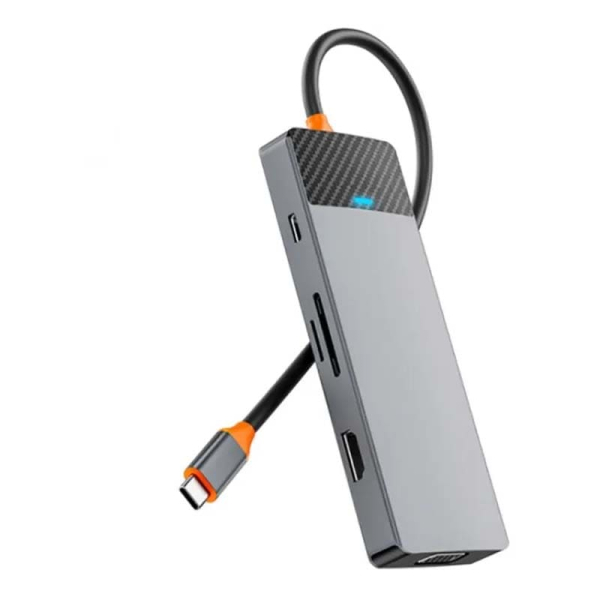 Хаб WiWU Linker Series Hub 9в1 (USB-C to USB3.0*2+USB2.0*1+SD/TF+PD+USB-C(3.0)+HDMI+VGA) (A921HV) Серый