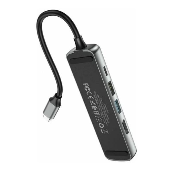Type-C хаб hoco. для MacBook HDMI+USB3.0+USB2.0+RJ45+PD (HB23) Чёрный